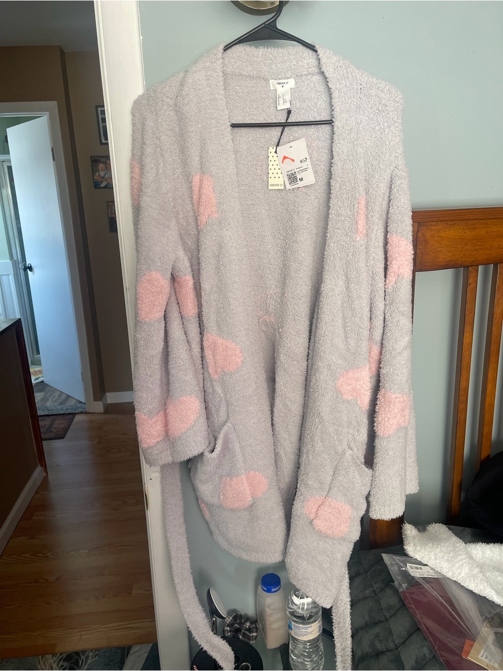Forever 21 Light Gray Cardigan with Pink Heart Accents